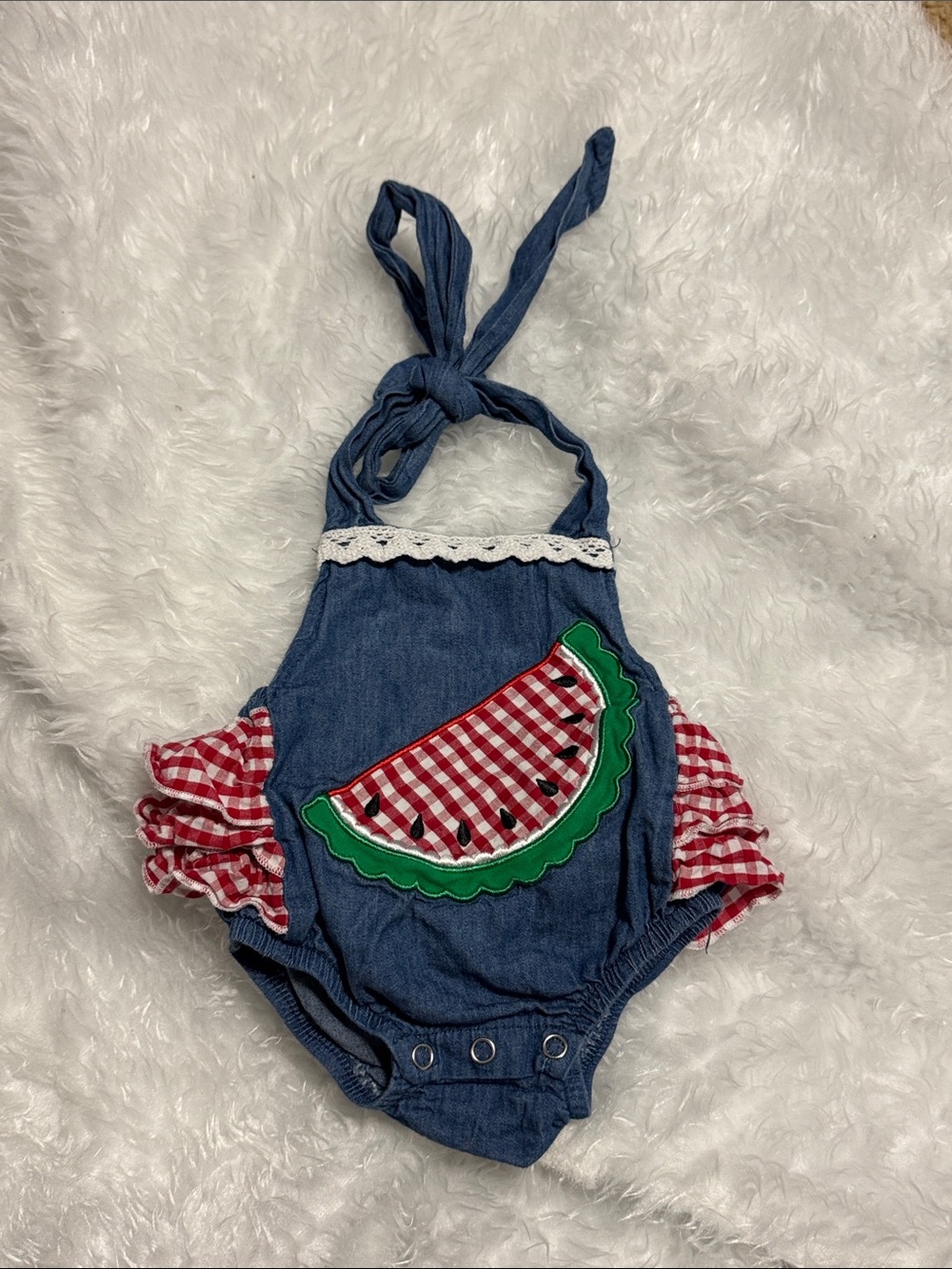 Denim Baby Romper with Watermelon Applique